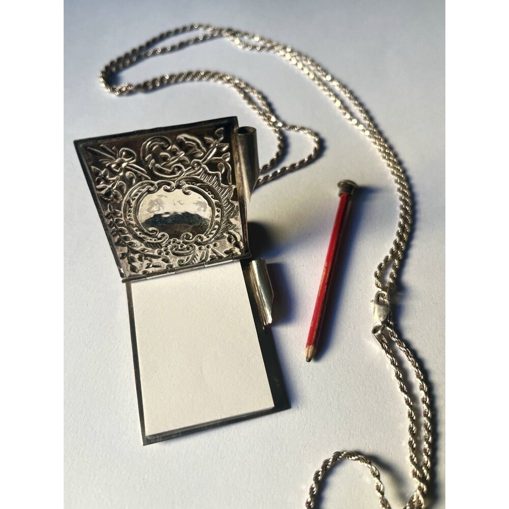 Vintage 800 Silver Working Miniature Notebook Pendant w  Pencil 925 Italy Chain